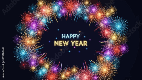 Festive Fireworks Display: A vibrant, colorful array of fireworks bursts across the night sky, spelling out Happy New Year, creating a festive and celebratory atmosphere.