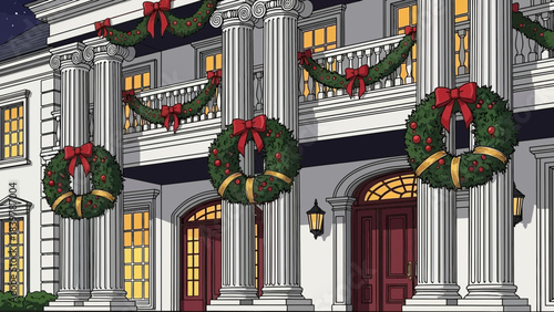 Festive façade adorned with wreaths: The stately building is decorated with vibrant green wreaths and bows, creating a classic Christmas atmosphere, ready to spread seasonal joy.