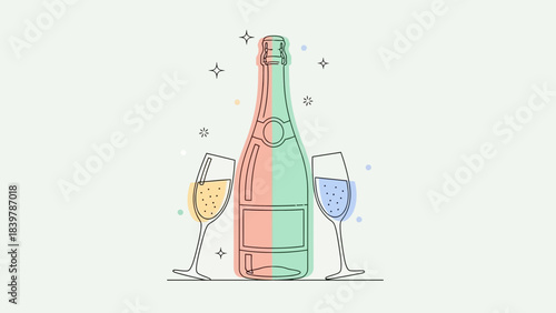 Festive Toast: A line art illustration of a champagne bottle and two glasses, suggesting celebration and joy. The vibrant colors evoke a sense of festivity and occasion.