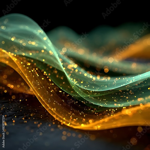 Flowing Green and Gold Abstract Waves with Glittering Particles image photo