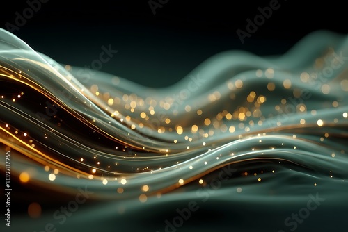 Flowing Teal and Gold Abstract Waves with Sparkling Lights image photo