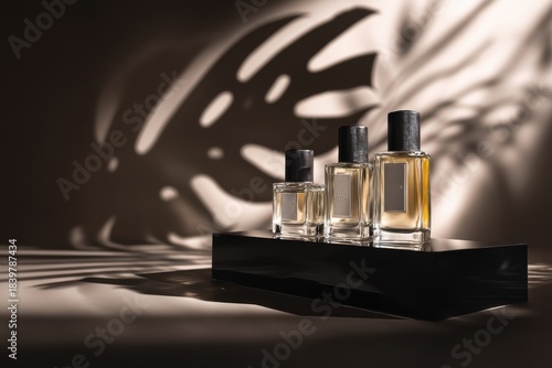 Three unbranded perfume bottles on black acrylic with monstera leaf shadow for luxury fragrance packaging brand mockup editorial commercial use

