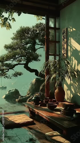 Tranquil coastal scene with bonsai tree and pottery, serene water view