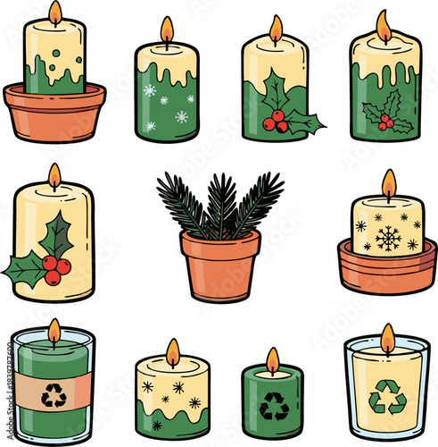 Collection of festive and eco-friendly Christmas candles and potted pine sprigs.