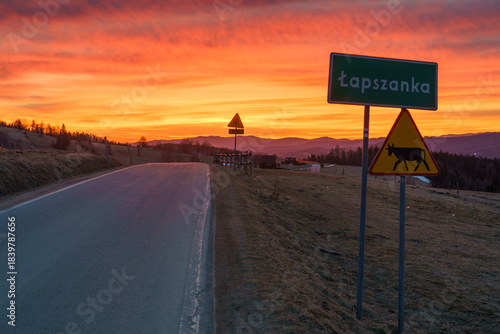 Fototapeta Naklejka Na Ścianę i Meble -  Lapszanka village sign at sunrise in Tatra mountain region