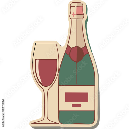 Green Glass Bottle of Wine With A Glass of Red Wine And A Blank Label Sticker On A Light Beige Background With A Shadow Effect