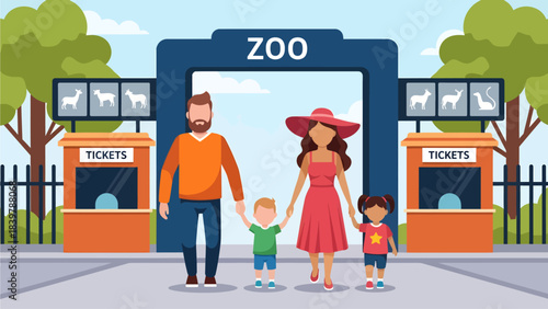 A cheerful family of four walks hand-in-hand toward a large blue zoo entrance, flanked by orange ticket booths displaying animal silhouettes, ready to enjoy a sunny day of adventure together