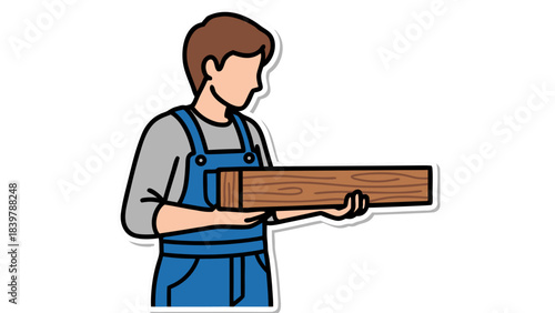 Man Wearing Blue Overalls And Grey Shirt Holding A Wooden Plank In A Plain Background With A Slight Shadowing Effect