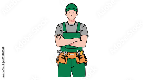 Man wearing green overalls and a grey t-shirt with a tool belt and cap stands with arms crossed in front of a black background on a white background