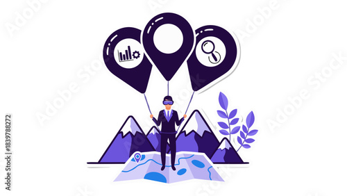 Man Wearing Virtual Reality Headset Stands on Map Surrounded by Mountains Holding Location Pins Above Purple and Blue Digital Landscape Illustration