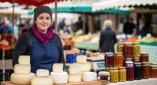 Fototapeta Naklejka Na Ścianę i Meble -  Woman selling artisan cheese at a vibrant farmers market stall in town