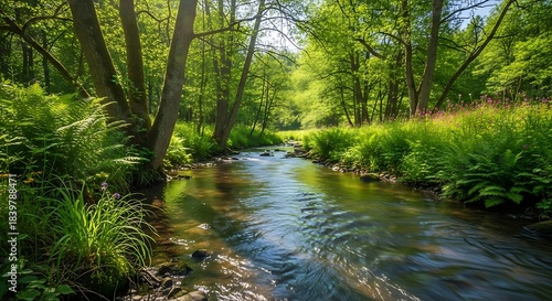 Scenic River Flowing Through Lush Green Forest Landscape.