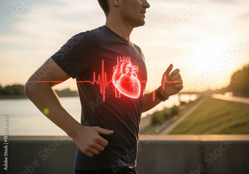 Athlete running with glowing anatomical heart and ECG line illustrating cardiovascular health and fitness