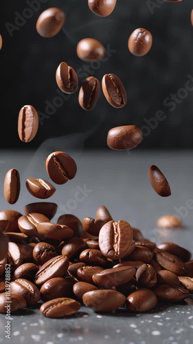  High quality animation video of falling coffee beans-loopable background in slow motion in 4K loop, heat, hot drink, pouring, coffee bean, falling