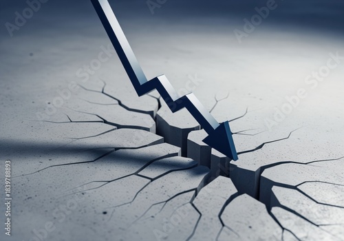 Steep decline arrow hitting and cracking concrete floor representing financial crisis and market collapse