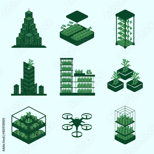 Modern agricultural technology concepts including vertical farming, drones, and smart greenhouses for sustainable farming