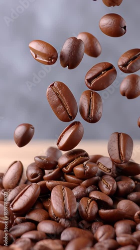  High quality animation video of falling coffee beans-loopable background in slow motion in 4K loop, falling, slow motion, heat, hot drink