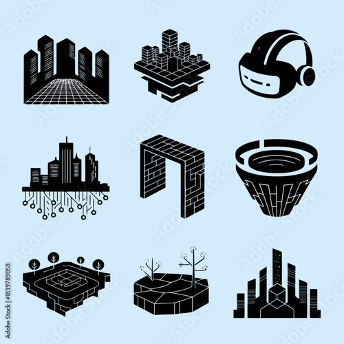 Collection of modern architecture and technology icons including buildings, virtual reality headset, and futuristic structures
