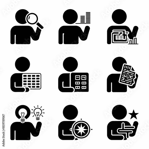 Set of icons representing various business and analytical activities such as searching, analyzing data, and brainstorming ideas