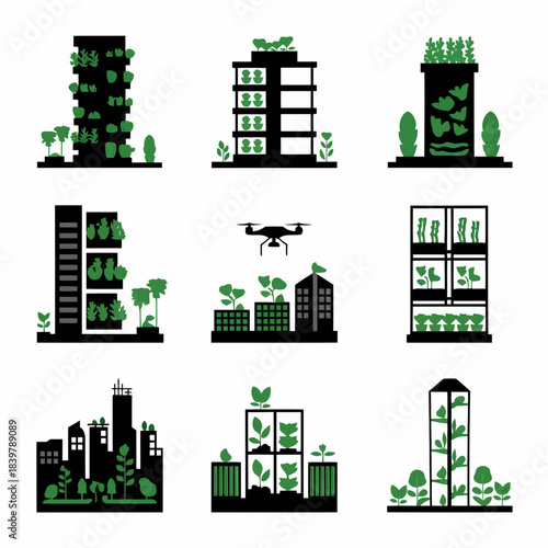 Modern city buildings with vertical gardens and green facades, ecofriendly architecture, urban sustainability concept