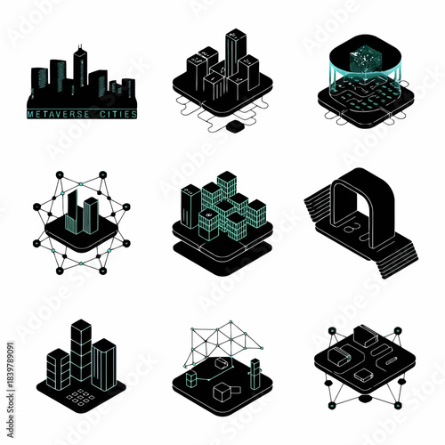 Modern cityscape and futuristic architecture icons set with buildings, networks, and digital elements