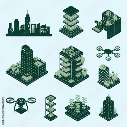 Isometric cityscape with buildings, drones, and urban infrastructure in a modern minimalist style