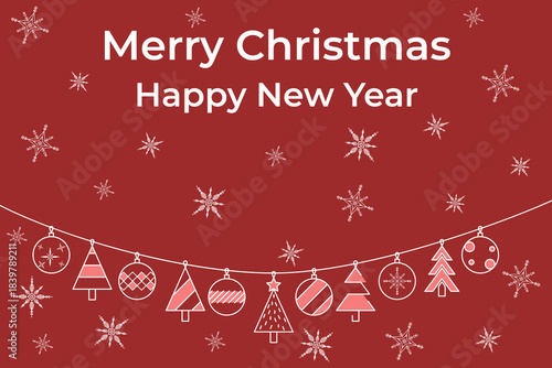 Festive decorations hanging in air, spreading joy for holiday season. Design with Christmas snowflakes and ornaments on warm red background, perfect for celebrations