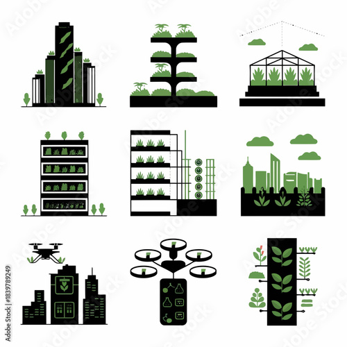 Modern cityscape with green buildings, drones, and ecofriendly infrastructure icons set