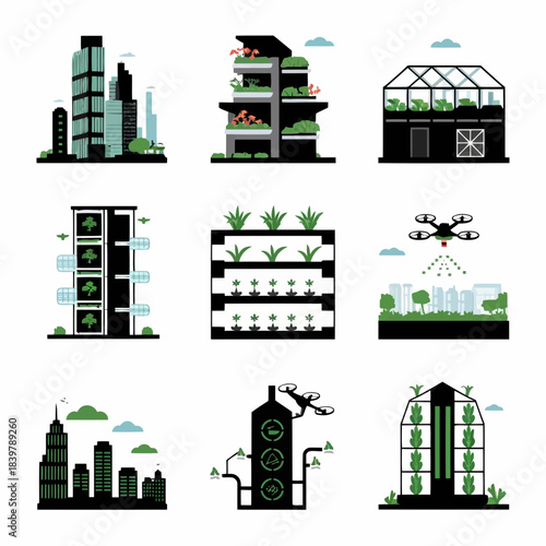 Modern urban farming and sustainable city concepts with vertical gardens, greenhouses, drones, and ecofriendly buildings