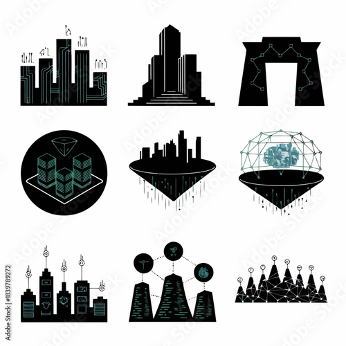 Modern city skyline and futuristic architecture icons set with buildings and digital elements on