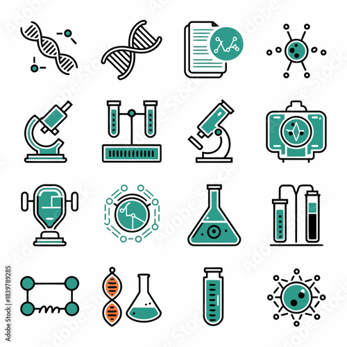 Set of science and laboratory icons including microscope, test tubes, dna, and other scientific equipment