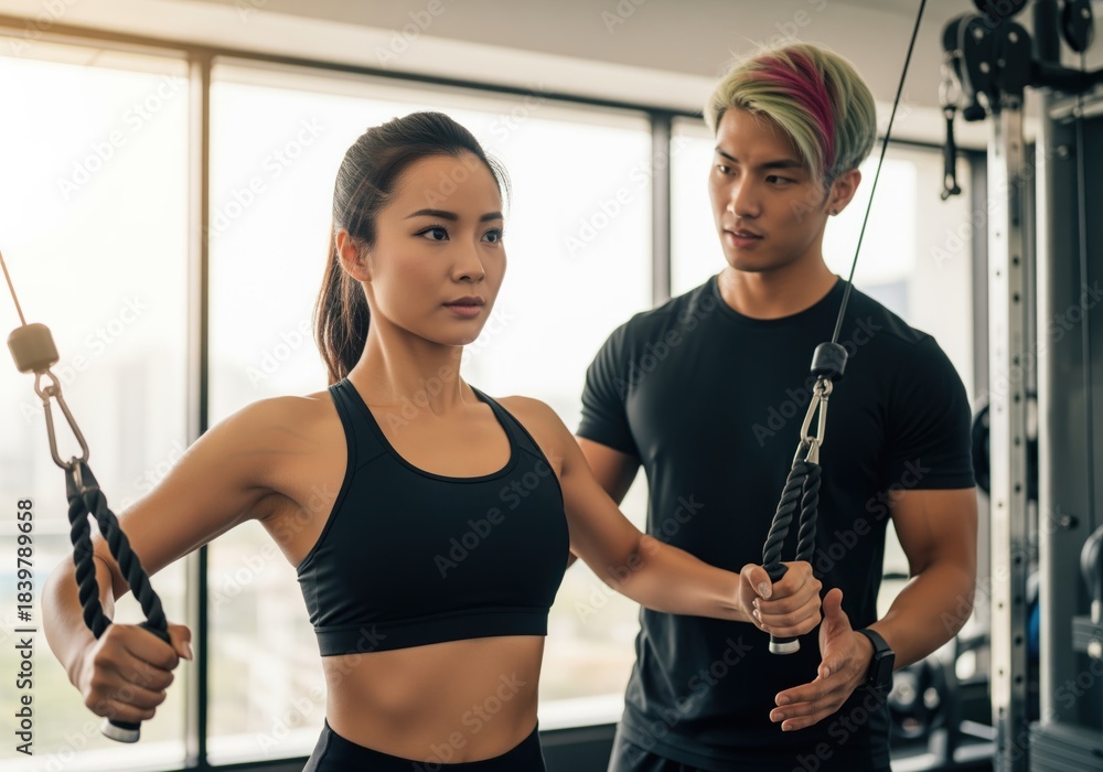 Fototapeta premium Young asian woman doing a cable crossover exercise with a personal trainer in a modern gym