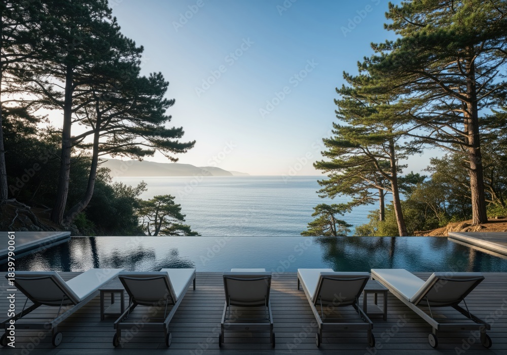 Fototapeta premium Luxury infinity pool with lounge chairs on a wooden deck overlooking a scenic ocean coast