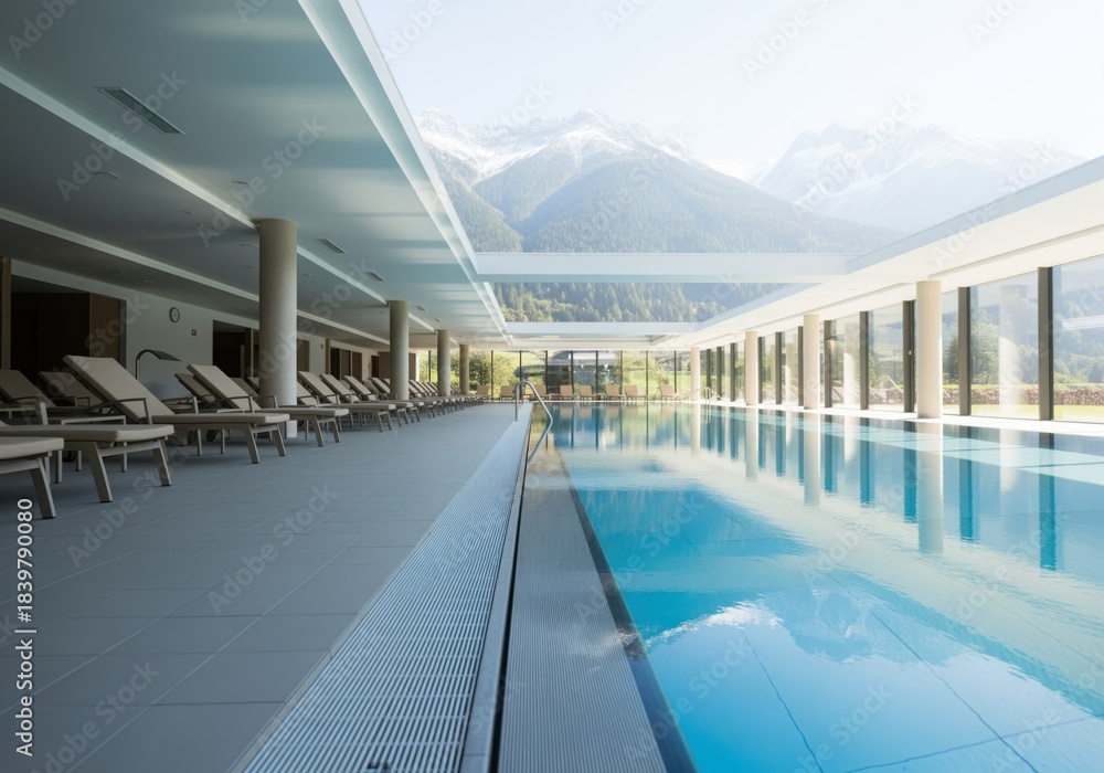 Naklejka premium Modern luxury indoor swimming pool and spa area with panoramic alpine mountain views.