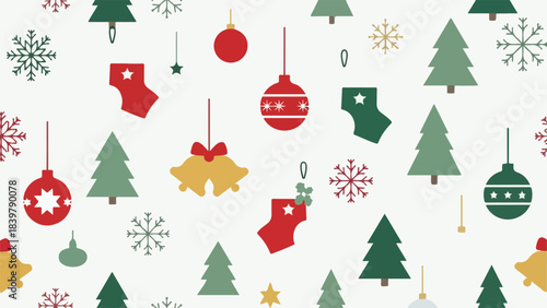 Festive Christmas Pattern with Ornaments, Bells, Snowflakes, and Trees