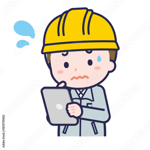 タブレットを使う「工事作業員」の男性