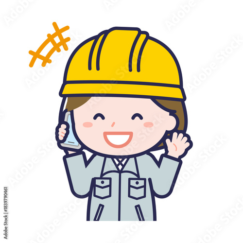 スマートフォンを使う「工事作業員」の女性