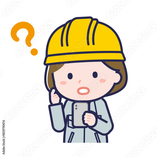 スマートフォンを使う「工事作業員」の女性