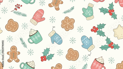 A charming seamless Christmas pattern featuring gingerbread cookies, mittens, hot chocolate mugs, and holly berries on a light background, perfect for festive decorations and crafts