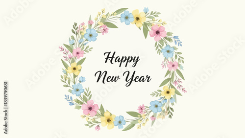 Floral New Year Greetings: A vibrant floral wreath encapsulates the message Happy New Year, radiating festive cheer and seasonal beauty. The design is simple, elegant and eye-catching