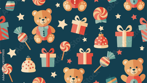 Festive Pattern with Adorable Teddy Bears and Gift Boxes - Seamless Holiday Design