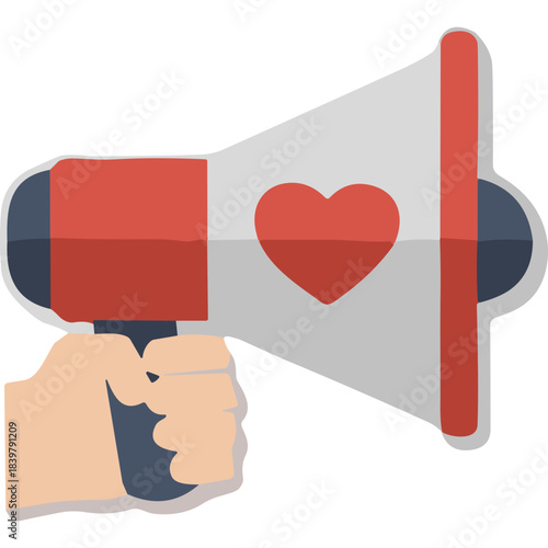 Hand Holding Red White Megaphone With Heart Symbol Announcing Love Support Or Important Message On Black Background