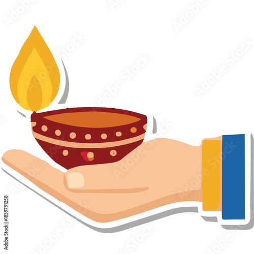 Hand Holding Traditional Diya Lamp with Flame Illuminated During Festival Celebration