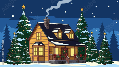 Cozy Winter Cabin: A quaint cabin is nestled amidst a snowy landscape, exuding warmth and charm with its Christmas decorations and inviting lights against the backdrop of a starlit night.