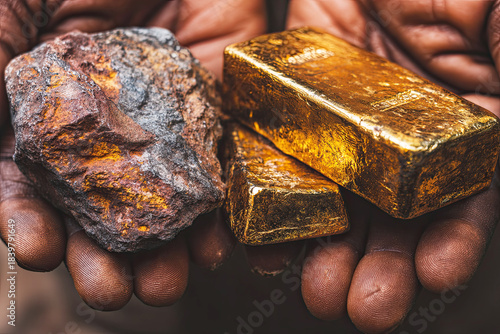 A close-up of hands holding a piece of ore and three gold bars, highlighting the contrast between raw materials and refined wealth.