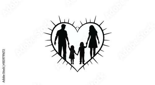 Loving family silhouette within a vibrant heart symbol, representing unity and strong bonds.