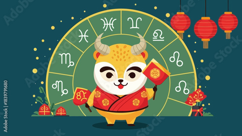 Lunar New Year Celebration: A cheerful illustration captures the spirit of Lunar New Year, featuring a zodiac animal, symbolizing the year, amidst festive decorations and cultural elements. 