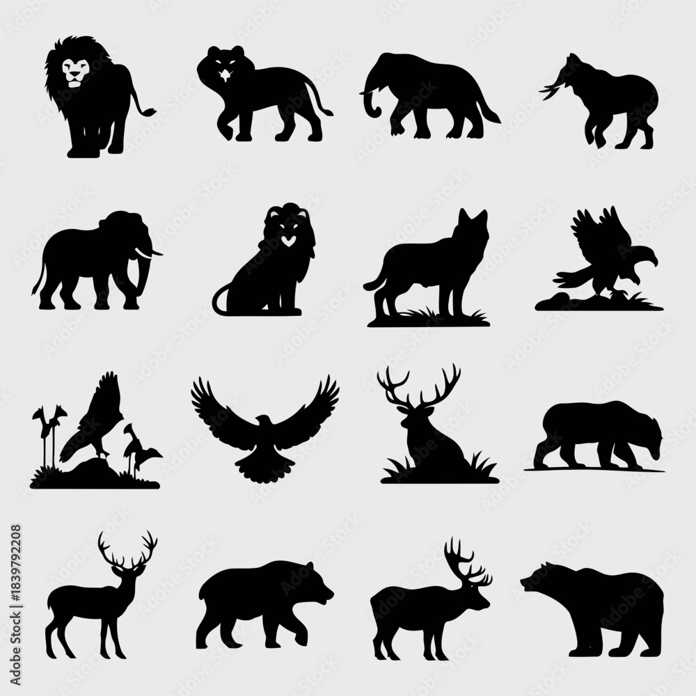 Naklejka premium Collection of black silhouettes of various wild animals including lions, bears, deer, and birds on