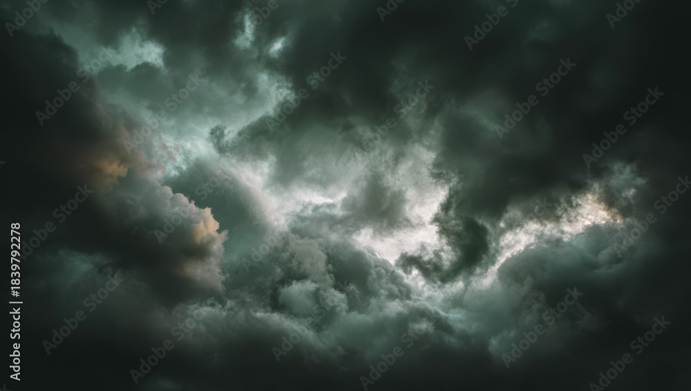 Fototapeta premium Dramatic Storm Clouds in Azure and Gray Sky with Atmospheric Lighting