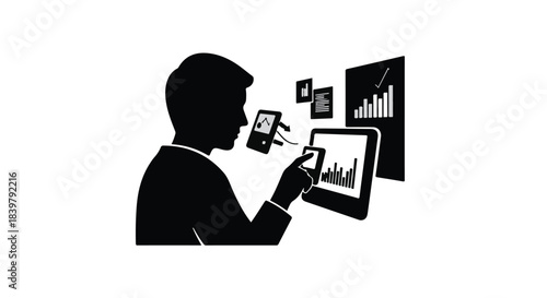 Person interacting with digital data screens and charts